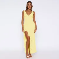 Y2K Explosions Ruffled Socialite Pure Desire Tulip Dress Women's Summer  Split Shoulder Strap French Long Dress sku image 12