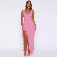 Y2K Explosions Ruffled Socialite Pure Desire Tulip Dress Women's Summer  Split Shoulder Strap French Long Dress sku image 13