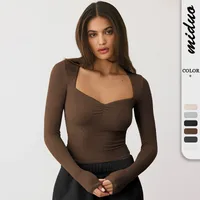Spring And Summer New  Style Square Collar Long Sleeve Top Sexy Slim Fashion Solid Color Inside main image 1