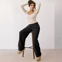 Spring And Summer New  Style Square Collar Long Sleeve Top Sexy Slim Fashion Solid Color Inside main image 2