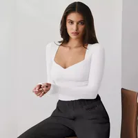 Spring And Summer New  Style Square Collar Long Sleeve Top Sexy Slim Fashion Solid Color Inside main image 3