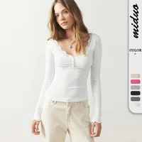 Explosions Fine Rib Lace U-collar Solid Color Button T-shirt Slim-fit All-match Fashion Top For Women main image 1