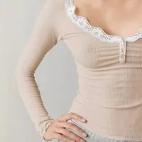 Explosions Fine Rib Lace U-collar Solid Color Button T-shirt Slim-fit All-match Fashion Top For Women main image 3