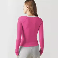 Explosions Fine Rib Lace U-collar Solid Color Button T-shirt Slim-fit All-match Fashion Top For Women main image 4