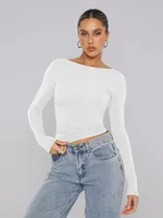 Personality Street One-character Collar Long-sleeved Naked Single-grind Slim-fit T-shirt Casual Style Slim-fit Y2K Hot Girl Top sku image 21