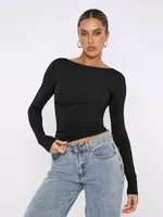 Personality Street One-character Collar Long-sleeved Naked Single-grind Slim-fit T-shirt Casual Style Slim-fit Y2K Hot Girl Top sku image 3