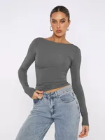 Personality Street One-character Collar Long-sleeved Naked Single-grind Slim-fit T-shirt Casual Style Slim-fit Y2K Hot Girl Top sku image 14