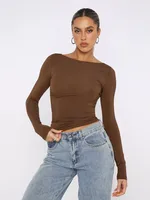 Personality Street One-character Collar Long-sleeved Naked Single-grind Slim-fit T-shirt Casual Style Slim-fit Y2K Hot Girl Top sku image 10