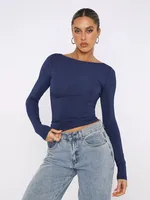 Personality Street One-character Collar Long-sleeved Naked Single-grind Slim-fit T-shirt Casual Style Slim-fit Y2K Hot Girl Top sku image 5