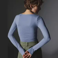 Spot Wholesale Hot Summer Women's Long Sleeve Square Collar Slim Top Fashion Solid Color All-match High-end Women's Clothing main image 2