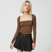 Spot Wholesale Hot Summer Women's Long Sleeve Square Collar Slim Top Fashion Solid Color All-match High-end Women's Clothing sku image 17
