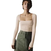 Spot Wholesale Hot Summer Women's Long Sleeve Square Collar Slim Top Fashion Solid Color All-match High-end Women's Clothing main image 5