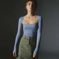 Spot Wholesale Hot Summer Women's Long Sleeve Square Collar Slim Top Fashion Solid Color All-match High-end Women's Clothing sku image 11