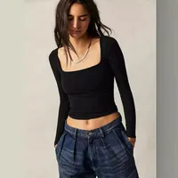 New  Hot T-shirt Solid Color Square Collar Slim-fit Fashion Shoulder Crop Top Elegant High-end All-match Clothes main image 2