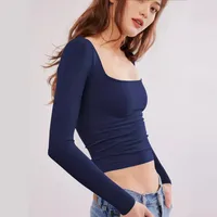 New  Hot T-shirt Solid Color Square Collar Slim-fit Fashion Shoulder Crop Top Elegant High-end All-match Clothes main image 3