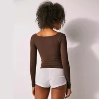 New  Hot T-shirt Solid Color Square Collar Slim-fit Fashion Shoulder Crop Top Elegant High-end All-match Clothes main image 4