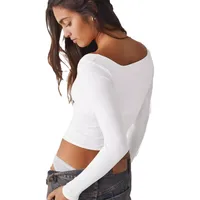 New  Hot T-shirt Solid Color Square Collar Slim-fit Fashion Shoulder Crop Top Elegant High-end All-match Clothes main image 5
