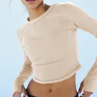 Explosions Solid Color Rib Arc Set Finger Shoulder T-Shirt Women's Summer Y2K Women's Sports Navel Hot Girl Top sku image 1