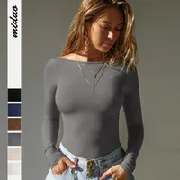 Personality Street One-character Collar Long-sleeved Naked Single-grind Slim-fit T-shirt Casual Style Slim-fit Y2K Hot Girl Top main image 1