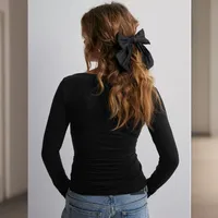 Personality Street One-character Collar Long-sleeved Naked Single-grind Slim-fit T-shirt Casual Style Slim-fit Y2K Hot Girl Top main image 4