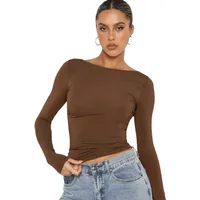 Personality Street One-character Collar Long-sleeved Naked Single-grind Slim-fit T-shirt Casual Style Slim-fit Y2K Hot Girl Top main image 5