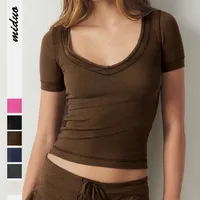 Line Decorative Thread Design Short-sleeved Shoulder T-shirt Summer   Pure Desire Women's Slim-fit Top main image 1