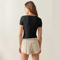 Line Decorative Thread Design Short-sleeved Shoulder T-shirt Summer   Pure Desire Women's Slim-fit Top main image 4