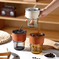 Internet Celebrity Glass Bamboo Cup Suction Tube Cup Fruit Juice Beverage Coffee Cup Promotional Gift Cup Glass Water Cup Logo Printing main image 2