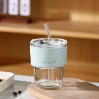 Internet Celebrity Glass Bamboo Cup Suction Tube Cup Fruit Juice Beverage Coffee Cup Promotional Gift Cup Glass Water Cup Logo Printing sku image 4