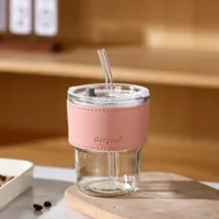 Internet Celebrity Glass Bamboo Cup Suction Tube Cup Fruit Juice Beverage Coffee Cup Promotional Gift Cup Glass Water Cup Logo Printing sku image 5