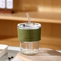 Internet Celebrity Glass Bamboo Cup Suction Tube Cup Fruit Juice Beverage Coffee Cup Promotional Gift Cup Glass Water Cup Logo Printing sku image 6