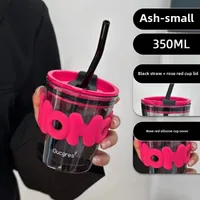 Internet Celebrity Glass Bamboo Cup Suction Tube Cup Fruit Juice Beverage Coffee Cup Promotional Gift Cup Glass Water Cup Logo Printing sku image 7
