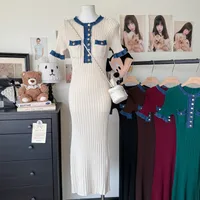 New Retro Pure Desire POLO Collar Elastic Slim-fit Slimming Contrast Color Knitted Hip Dress main image 1