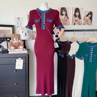 New Retro Pure Desire POLO Collar Elastic Slim-fit Slimming Contrast Color Knitted Hip Dress main image 3