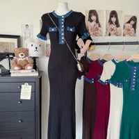 New Retro Pure Desire POLO Collar Elastic Slim-fit Slimming Contrast Color Knitted Hip Dress main image 4