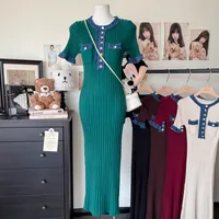 New Retro Pure Desire POLO Collar Elastic Slim-fit Slimming Contrast Color Knitted Hip Dress main image 5