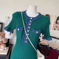 New Retro Pure Desire POLO Collar Elastic Slim-fit Slimming Contrast Color Knitted Hip Dress sku image 4