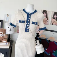 New Retro Pure Desire POLO Collar Elastic Slim-fit Slimming Contrast Color Knitted Hip Dress sku image 2