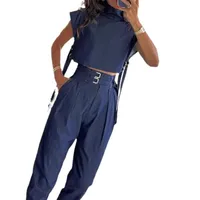 Foreign Trade New  Spring And Summer   Leisure Belt Decorative High Collar Short Sleeve Suit Trousers main image 5