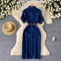 Light Luxury Socialite Style Polo Collar Denim Dress Women's Summer Split Belt Design Niche Elegant Long Dress main image 2
