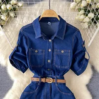 Light Luxury Socialite Style Polo Collar Denim Dress Women's Summer Split Belt Design Niche Elegant Long Dress main image 3