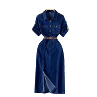 Light Luxury Socialite Style Polo Collar Denim Dress Women's Summer Split Belt Design Niche Elegant Long Dress main image 5