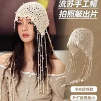 Vintage Vacation Knitted Pearl Hollow Hollow Bag Hat Summer Thin Face Showing Small All-Match Sweet Pullover Heap Tassel Hat main image 3