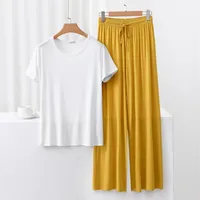 Outer Wearing Round Neck Short-Sleeved T-Shirt Wide Leg Pants Modal Suit Two-Piece Women's Wear Draped Loose Plus Size Home main image 3