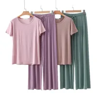 Outer Wearing Round Neck Short-Sleeved T-Shirt Wide Leg Pants Modal Suit Two-Piece Women's Wear Draped Loose Plus Size Home main image 5