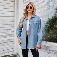Designed   Foreign Trade Women's Clothing Independent Station  New Washed Frayed Denim Long Sleeve Lapel Top main image 1