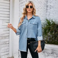 Designed   Foreign Trade Women's Clothing Independent Station  New Washed Frayed Denim Long Sleeve Lapel Top main image 2