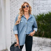 Designed   Foreign Trade Women's Clothing Independent Station  New Washed Frayed Denim Long Sleeve Lapel Top main image 3