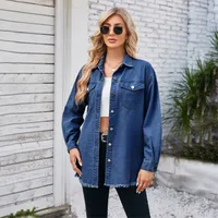 Designed   Foreign Trade Women's Clothing Independent Station  New Washed Frayed Denim Long Sleeve Lapel Top main image 4