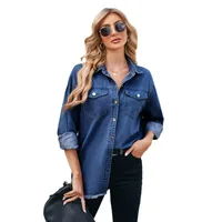 Designed   Foreign Trade Women's Clothing Independent Station  New Washed Frayed Denim Long Sleeve Lapel Top main image 5